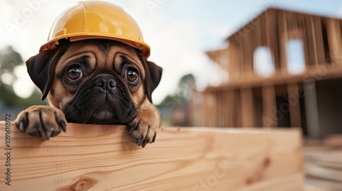 A charming pug wears a yellow hard hat, peering over a wooden beam at a construction site, delightfully balancing cuteness and work dedication. photo