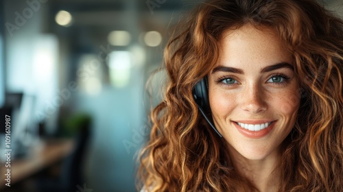 Wallpaper Mural A cheerful woman with curly hair wearing a headset, working in an office environment, exuding professionalism and friendliness, ready to assist on a call. Torontodigital.ca