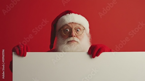 Cute Santa peeping behind a board. Christmas holiday greeting card design background template.