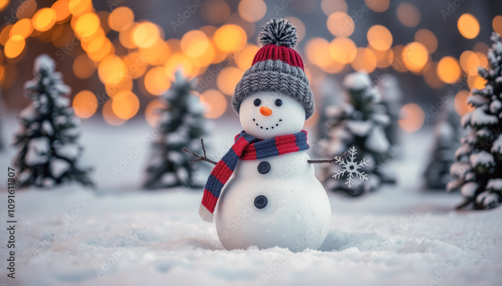 Obraz premium Charming Snowman with Gray Hat, Red-Blue Scarf, and Snowflake Twig in Winter Wonderland