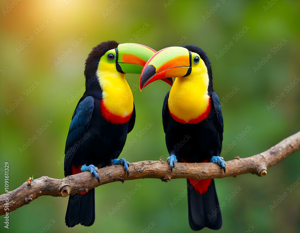Fototapeta premium Two Vibrant Toucans with Colorful Beaks Perched on a Branch