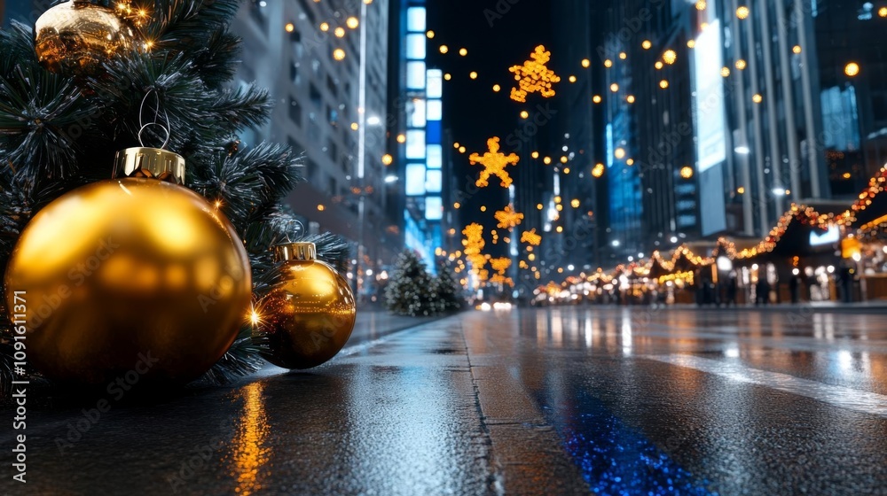 Obraz premium Festive city street decorated with golden ornaments and holiday lights at night.