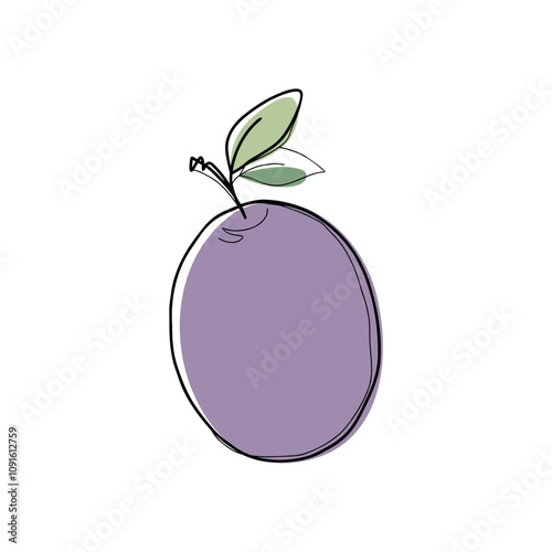 Purple plum with leaves, hand-drawn prunes isolated on a white background, vector. Illustration of a fruit outline with a colored spot in the background. Delicious label element, flat design