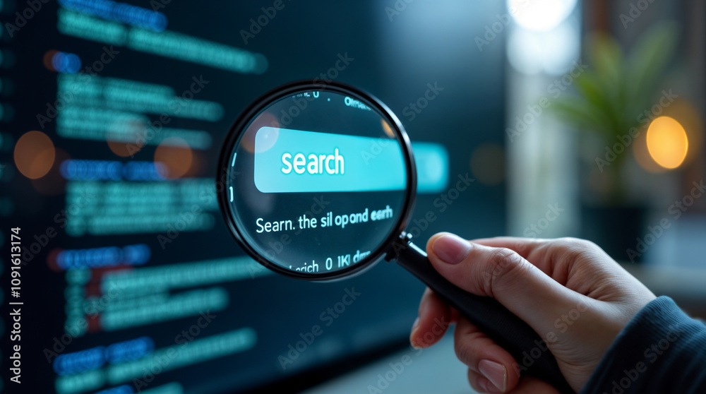 Concetto di ricerca con lente d'ingrandimento su schermo informatico.