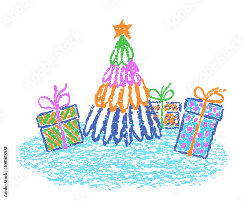 Christmas funny space area. Tree with holiday gift present box. Crayon, pastel chalk or pencil kids hand drawing sketch doodle style. Cartoon flat bright scribble art scene design