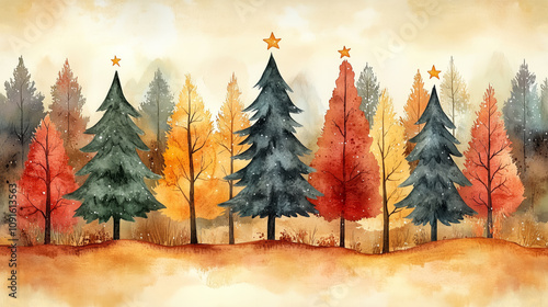 Watercolor forest scene with evergreen Christmas trees decorated with golden stars, surrounded by autumn trees in red and orange hues against a misty background.