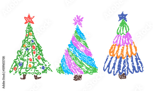 Christmas tree set. Like child's hand drawing crayon or pencil simple naive fir-tree. Kids creativity rough vector doodle funny colorful innocent easy art Cartoon flat bright scribble homemade style 