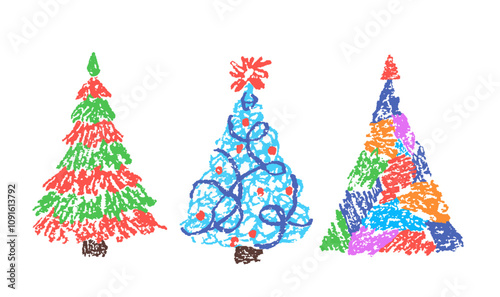 Christmas tree set. Like child's hand drawing crayon or pencil simple naive fir-tree. Kids creativity vector doodle joyful funny colorful innocent easy art Cartoon flat bright scribble homemade design