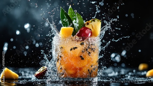 A vibrant cocktail with splashes of liquid dances in the air, showcasing chunks of tropical fruits like mango, pineapple, and berries, set against a dark backdrop. photo