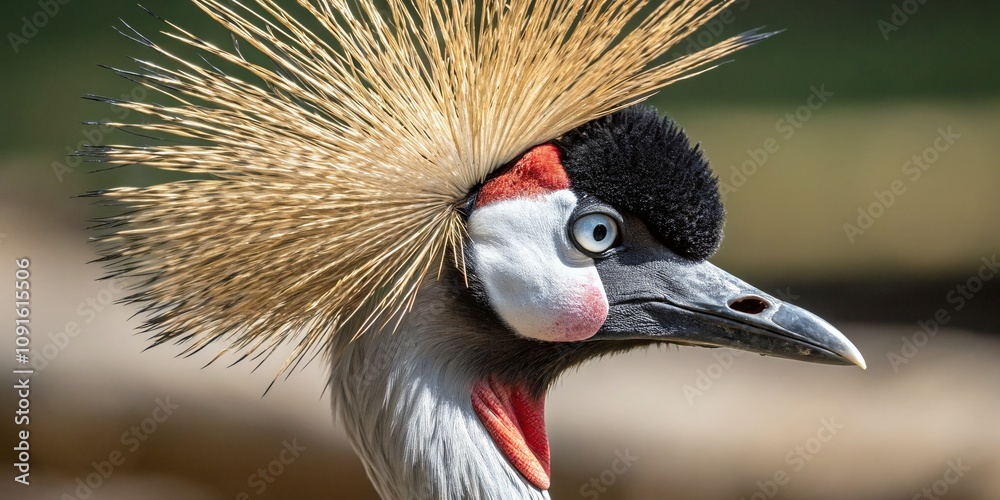 Obraz premium Close-Up Portrait of a Grey Crowned Crane Balearica regulorum, Showcasing Its Striking Features and Unique Plumage, Perfect for Wildlife Photography Enthusiasts and Nature Lovers