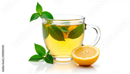 Glass cup of lemon balm tea with fresh lemon and mint leaves on a bright white background
