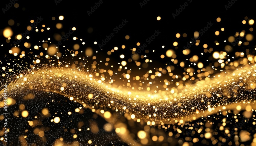 Fototapeta premium a golden trail rushes along the black background, leaving countless golden glows from golden particles