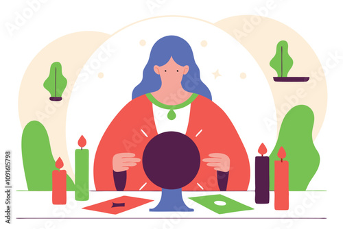 Fortune teller woman telling the future by palmistry crystal ball and tarot cards vector illustration