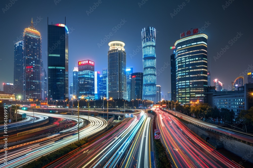 Fototapeta premium The skyline displays tall, glowing skyscrapers under a night sky, while busy traffic creates light streaks below, capturing a vibrant urban atmosphere.