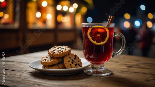 A warm and inviting nighttime scene at a bustling Christmas market in December, captured in a candid photography style, featuring two steamy glasses of hot mulled spicy wine, garnished with cinnamon s photo