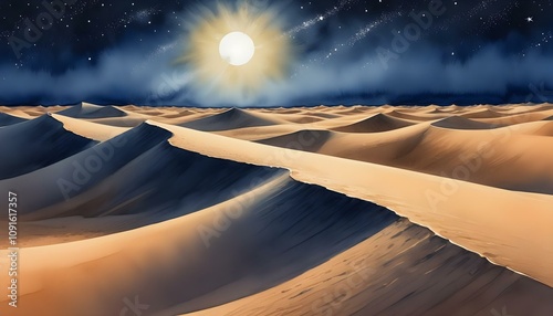 Desert Adventure at night Moonlit Sand Dunes Sun's Glow Journey Wild Beauty of Nature photo