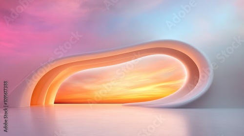 An abstract composition of sleek, bending curves framing a stunning and colorful sunset horizon, creating a surreal and otherworldly visual sensation. photo