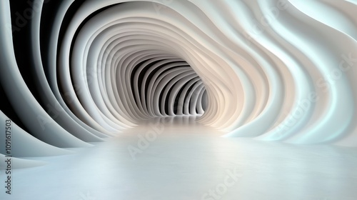 A tunnel with wavy interior designs in soft whites, creating a surreal and futuristic feel, blending exceptional artistry with modern architectural elements. photo