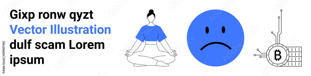 Fototapeta premium Meditation pose, sad blue emotion, Bitcoin network graphic, and placeholder text. Ideal for wellness, emotions, cryptocurrency, technology, finance, AI, and marketing Landing page