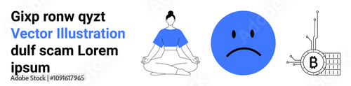 Meditation pose, sad blue emotion, Bitcoin network graphic, and placeholder text. Ideal for wellness, emotions, cryptocurrency, technology, finance, AI, and marketing Landing page