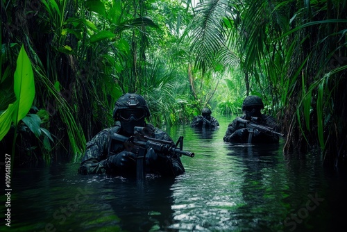 Elite soldiers wearing camouflage suits are advancing through a river during a special forces operation