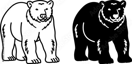 Bear Icons. Black and White Vector Illustration. Predator, Mammal. Big Bear with Fur and Small Ears. For Coloring Book Design. Animals Concept