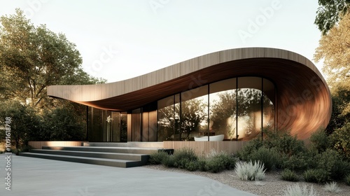 A contemporary house design featuring a unique curved wooden roof, expansive glass windows reflecting nature, and surrounding lush greenery in a serene setting.