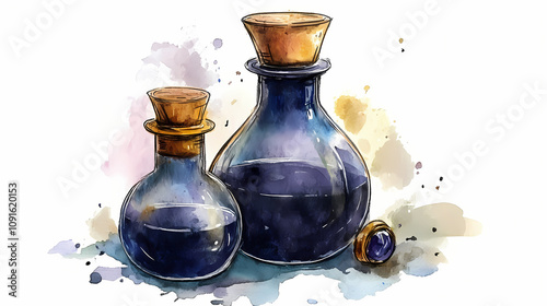 Bottle with black potion isolated white background, watercolor illustration, hand drawing magic poison, alchemist bottle. Magical Potion Laboratory. Illustration