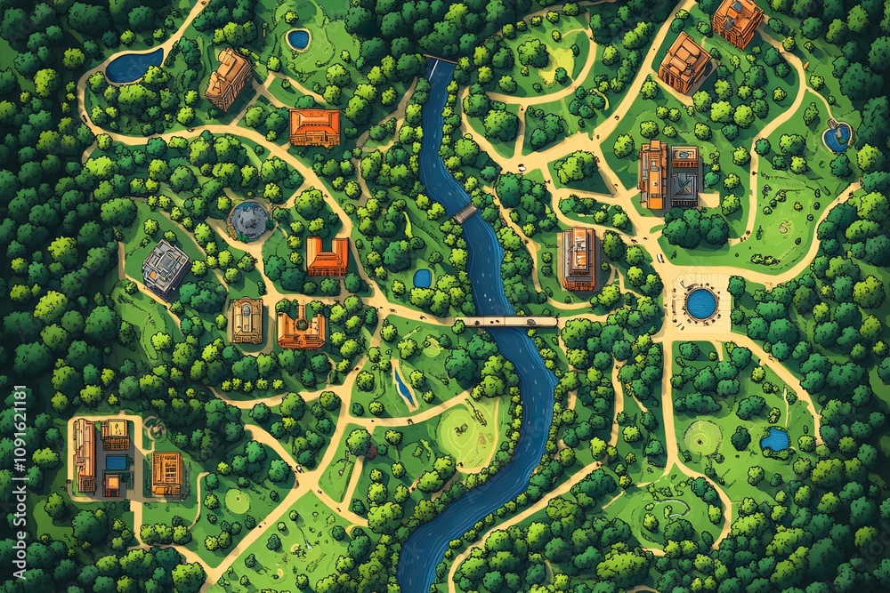 Fototapeta premium Vivid city map with streets, parks, buildings and landmarks. Generative AI