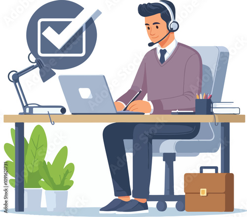 Flat illustration of operator of call center agent or customer service working in headphone and mic sitting at desk with laptop computer checklist and checkmark on a white background