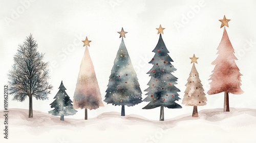 Watercolor illustration of winter forest scene with decorated Christmas trees in muted colors, featuring gold stars on top and ornaments, set against snowy ground.