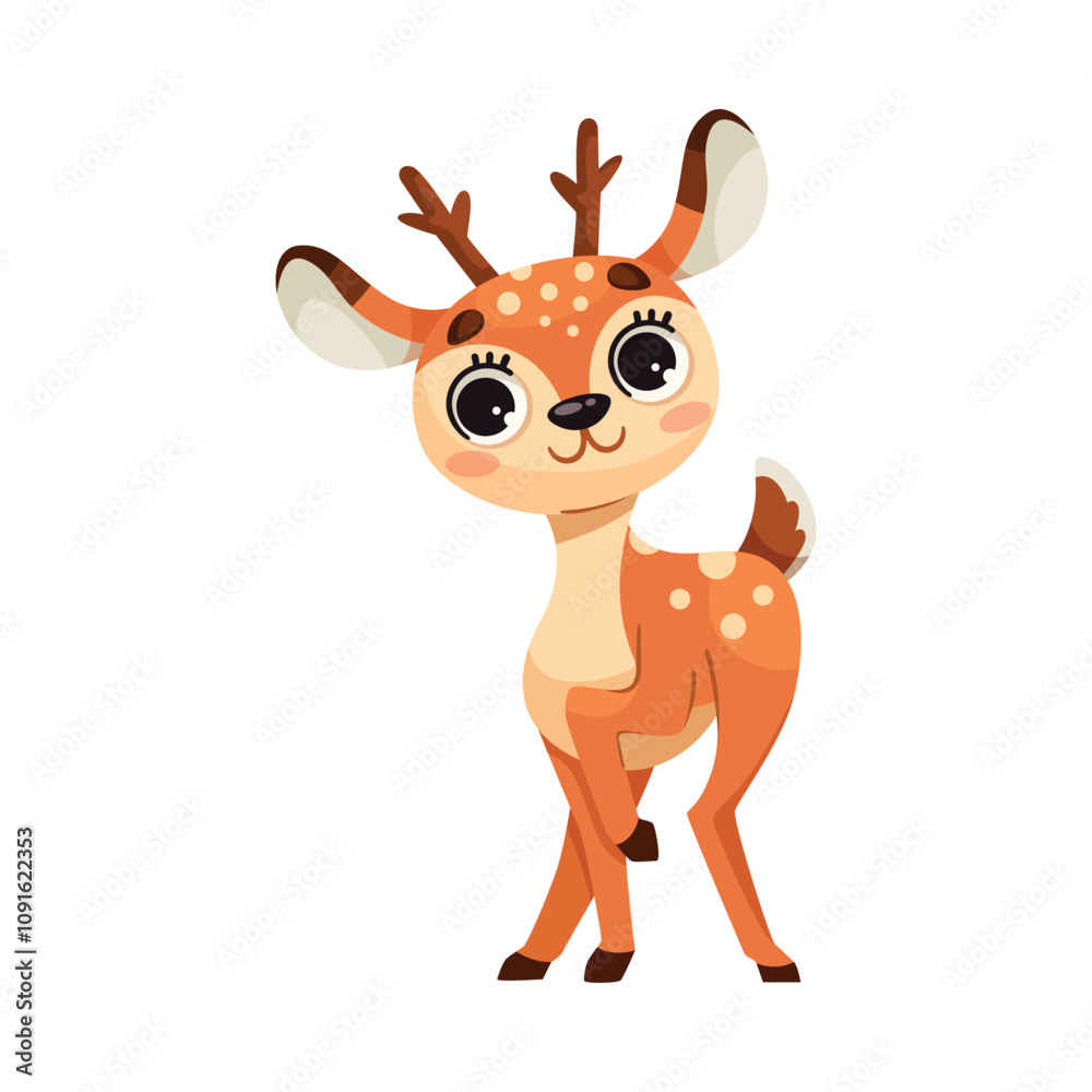 Obraz premium Cute Reindeer Baby with Spotted Body and Antler Standing Vector Illustration