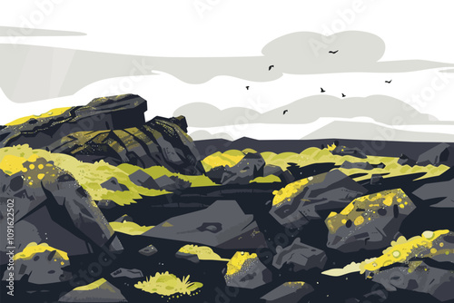 Moss-Covered Lava Fields Under Cloudy Sky isolated illustration