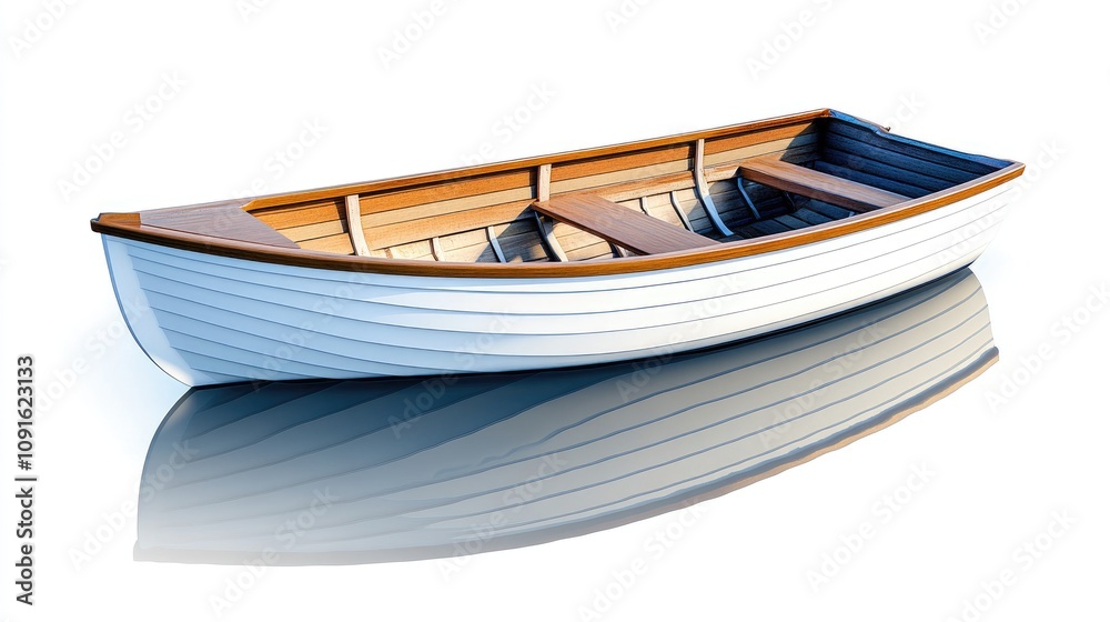 Serene wooden rowboat gracefully floats on calm waters, reflecting elegance and tranquility in a picturesque setting Serene wooden rowboat gracefully floats on calm waters, reflecting elegance and tranquility in a picturesque setting
