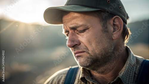 Closeup Portrait: Trauriger, deprimierter Bauer / Farmer / Landwirt