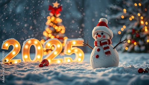 Snowman with glowing number 2025 in background, New year concept