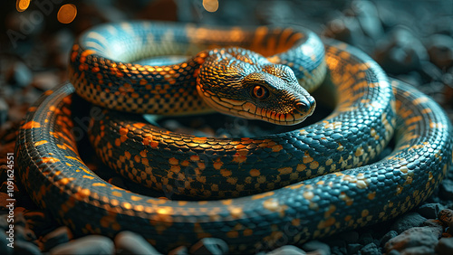 Gorgeous golden snake at blurred background
