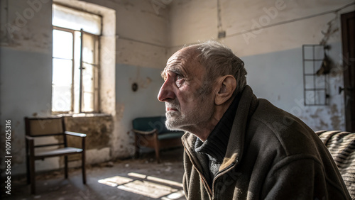 Trauriger alter Mann (Bauer / Farmer / Landwirt) sitzt allein und nachdenklich blickend in einem alten kahlen Zimmer. Bedrückende Stimmung photo