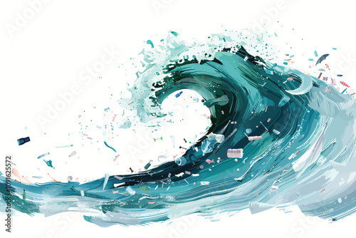 Ocean Waves Filled with Plastic Debris isolated illustration