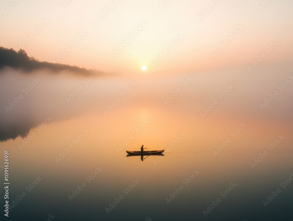 Serene Early Morning Scene of a Fisherman in a Rowing Boat Navigating Through Dense Fog at Sunrise on a Tranquil Water Surface