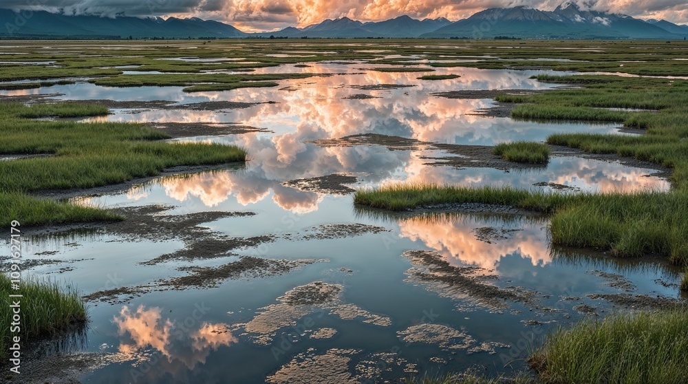 Obraz premium Landscape illustration of a tranquil marsh at sunset. A network of shallow channels interspersed with lush green grass, a patchwork effect. The water reflects the sky.