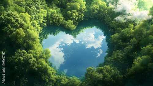 A heart-shaped lake in the middle of untouched nature - a concept illustrating the issues of nature conservation, bio-products and the protection of forests and woodlands in general. 3d rendering