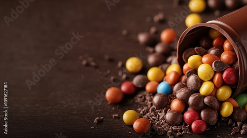 A vibrant assortment of colorful chocolate candies spills from an overturned cup, spreading across a dark surface, creating an inviting temptation for sweet lovers.