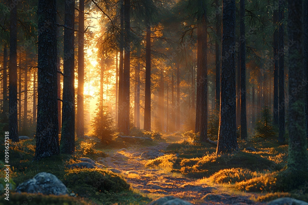 Fototapeta premium Sunlight filters through trees in a serene forest landscape
