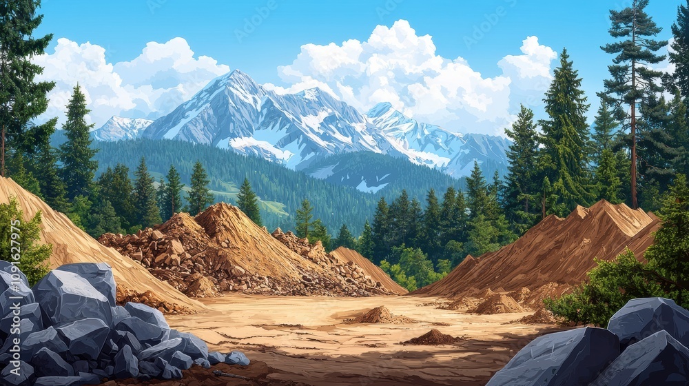 Fototapeta premium Scenic Mountain Landscape with Piles of Dirt and Rocks Under a Bright Blue Sky and Lush Green Forest Ideal for Nature and Adventure Themes