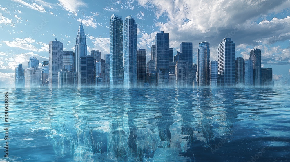 Fototapeta premium Surreal Cityscape Reflection in Water Under Dramatic Skies with Urban Architecture and Skyscrapers in a Dreamlike Atmosphere