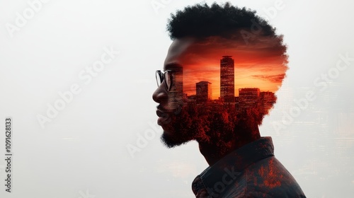 This striking double exposure artwork combines the side view of a thoughtful man wearing glasses with the vibrant city skyline, mixing intellect and urbanization.