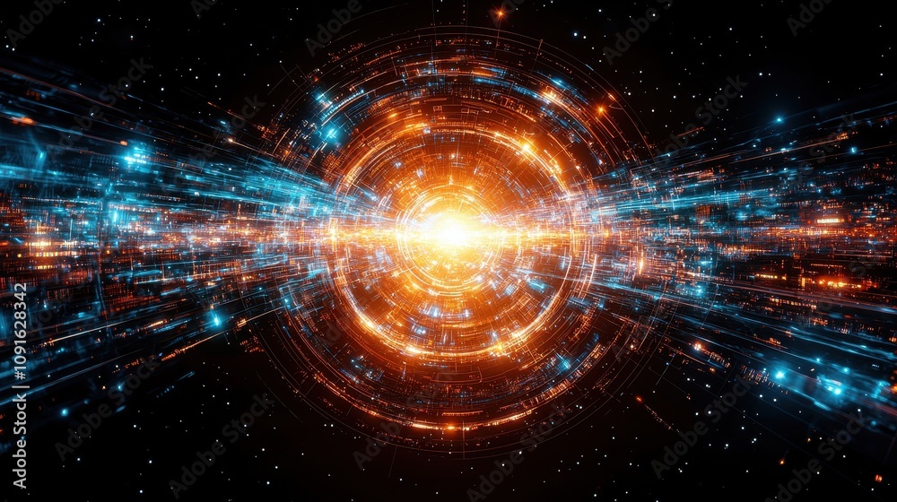 Fototapeta premium Futuristic Orange Blue Plasma Hologram Portal Digital Data Stream Technology Background