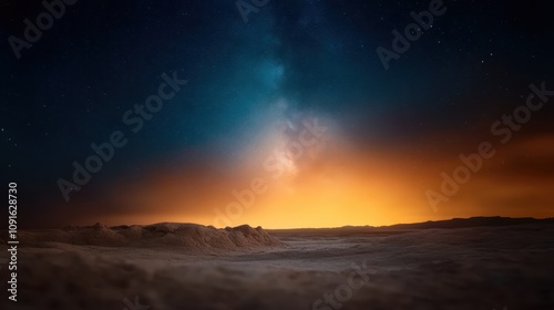 A captivating view of a distant galaxy over barren hills beneath a night sky, symbolizing the never-ending expanse and the enigmatic allure of the universe.