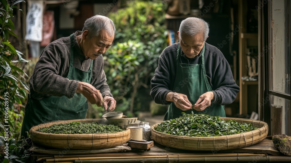 Fototapeta premium Two elderly men carefully sort through green tea leaves, showcasing traditional tea processing techniques in a rustic setting.